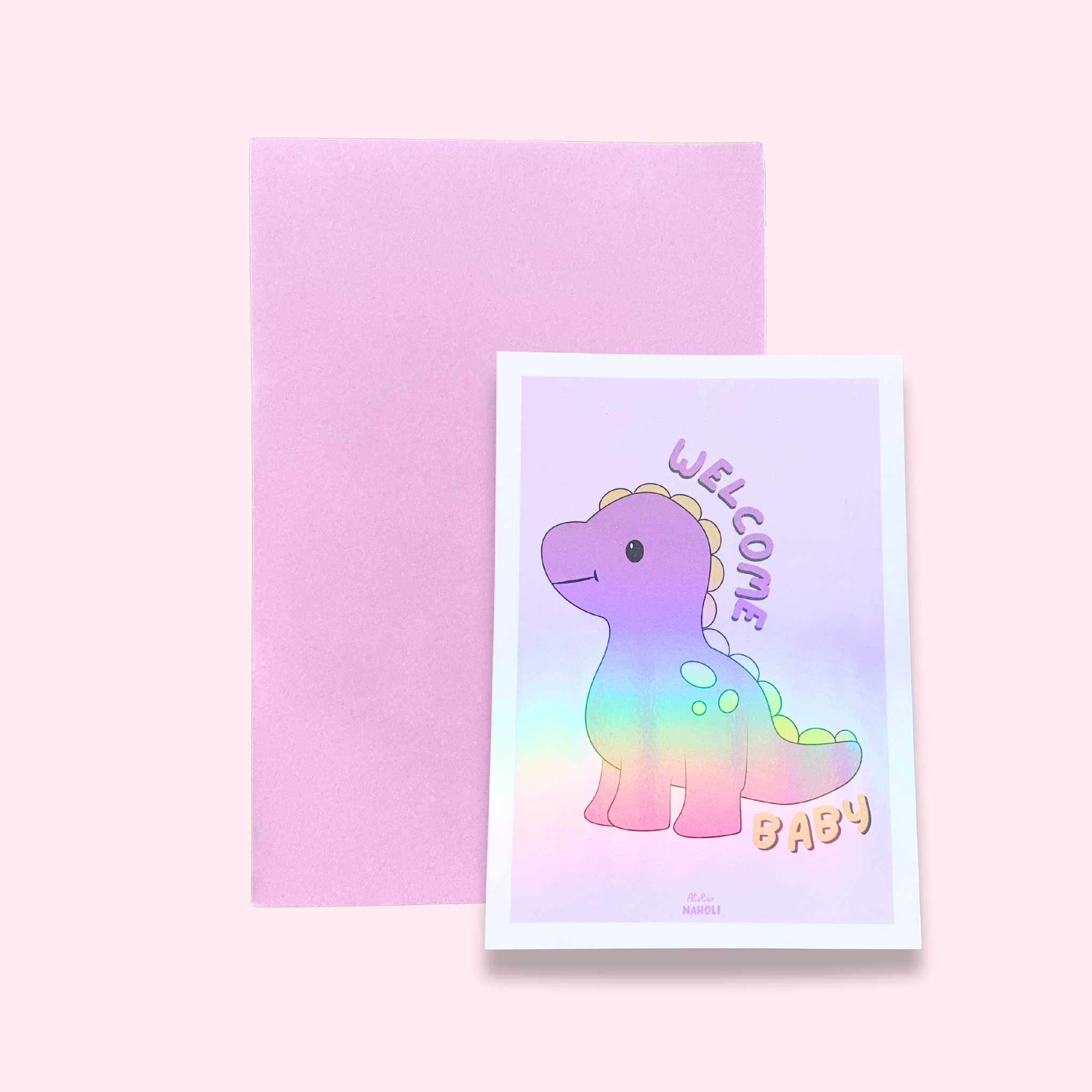 atelier-naholi-carte-welcome-baby-dinosaure-rose-a6 image 1