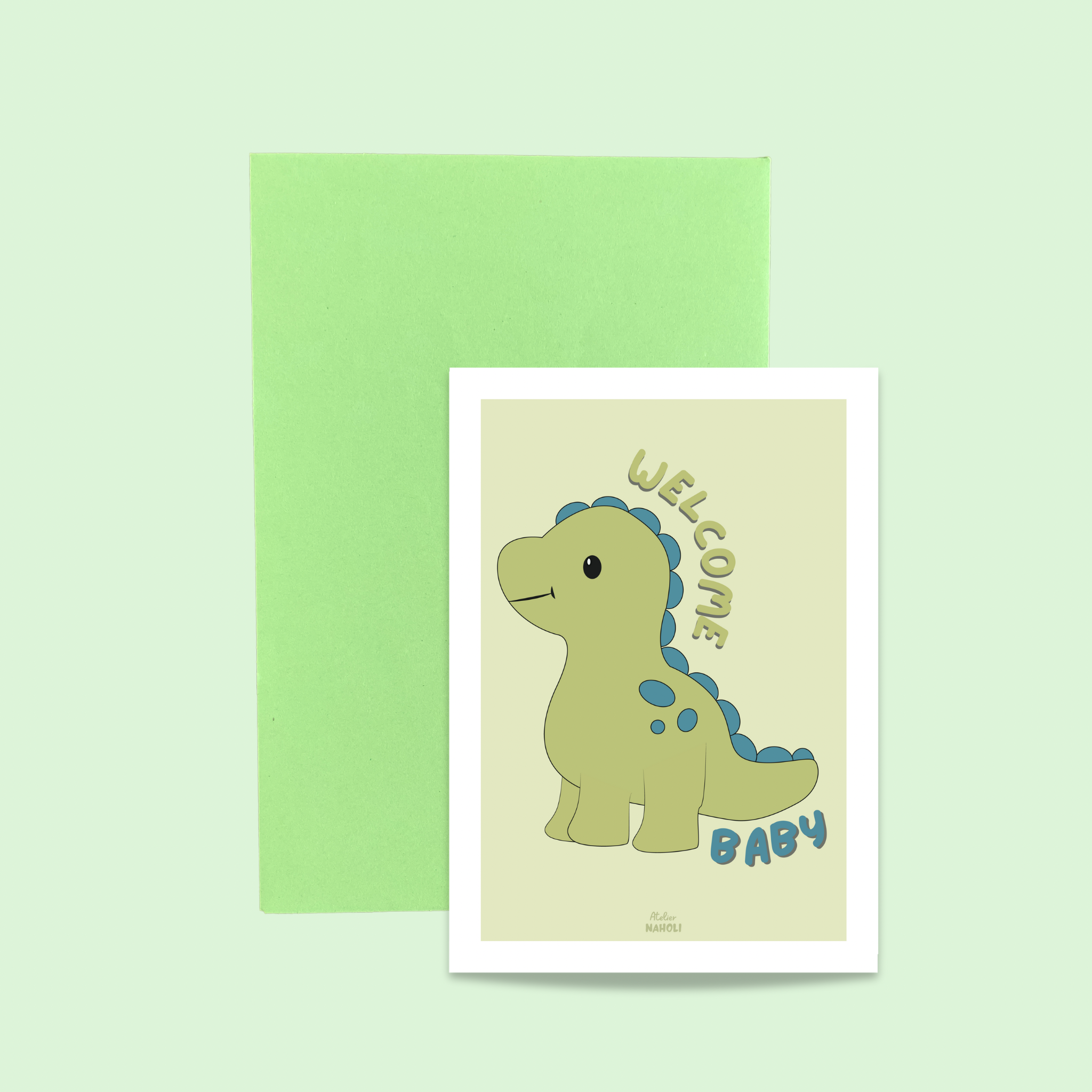 atelier-naholi-carte-welcome-baby-dinosaure-vert-carte-naissance image 2