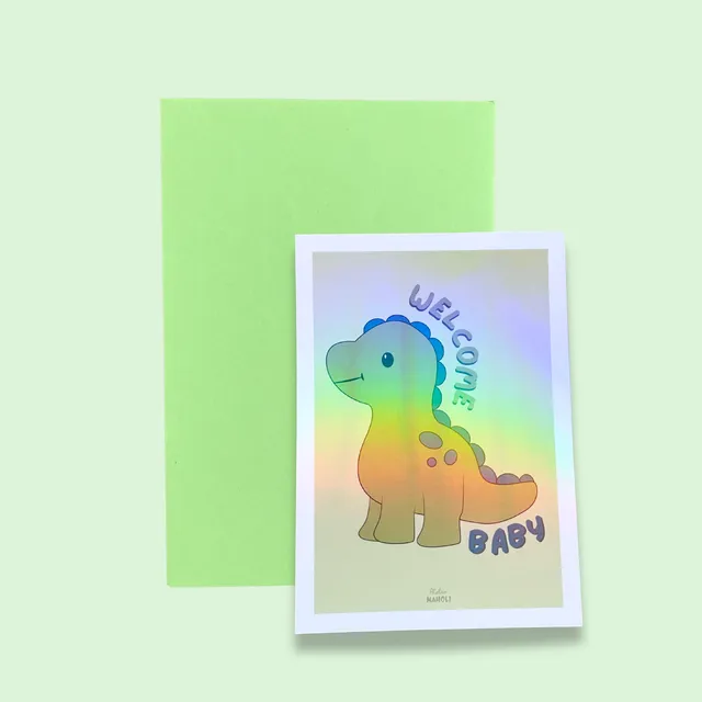 atelier-naholi-carte-welcome-baby-dinosaure-vert-carte-naissance image 1