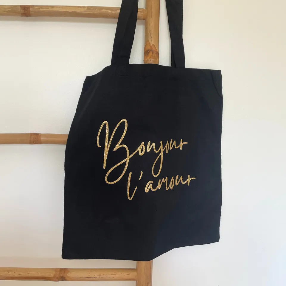 atelier-naholi-tote-bag-bonjour-l-amour-noir-dor-paillettes image 1