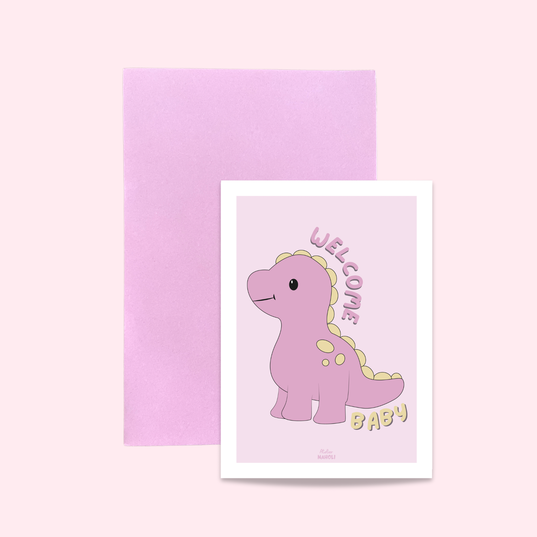 atelier-naholi-carte-welcome-baby-dinosaure-rose-a6 image 2