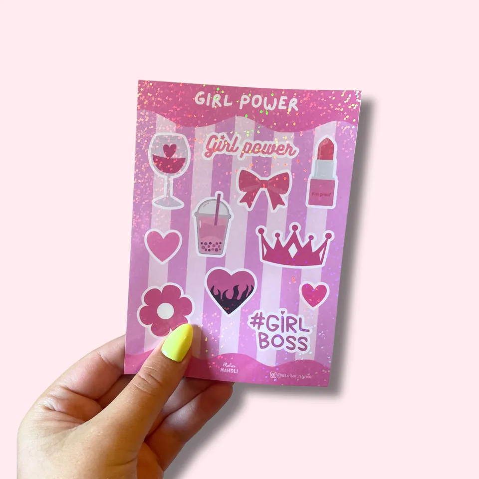 atelier-naholi-planche-de-stickers-girl-power-autocollants-a6-paillettes image 1