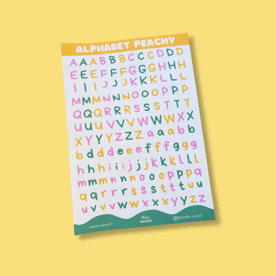 atelier-naholi-planche-de-stickers-alphabet-peachy-a5-autocollant-lettre image 1